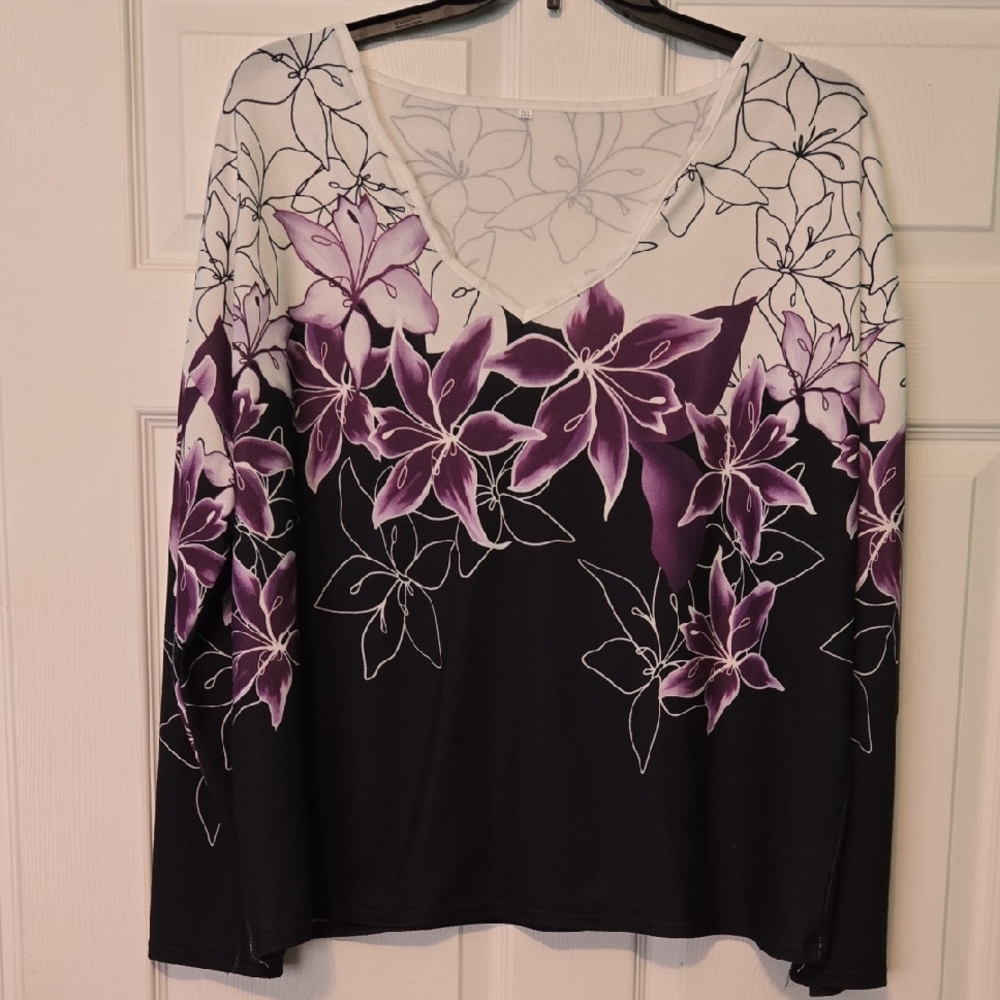 Plus Size Purple and Black Floral Long Sleeve Top